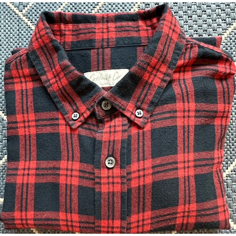 Cotton & Co Red Black Plaid Flannel Button Down Shirt Grunge Goth Classic L